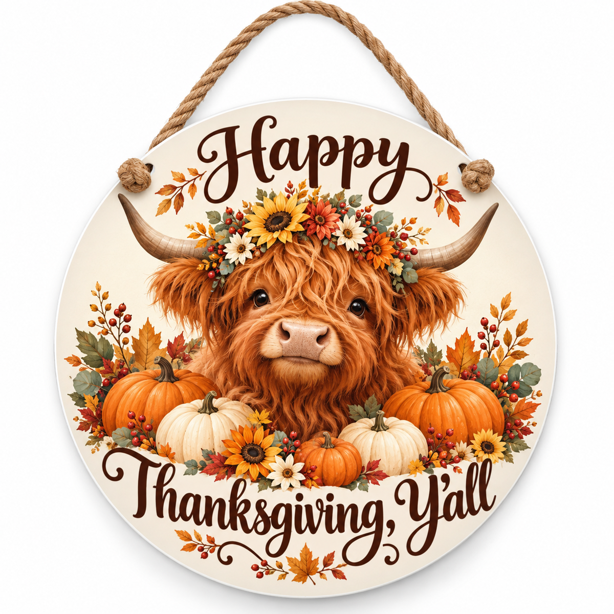 Happy Thanksgiving Y’all Highland Cow 15.75 inch round PVC door hanger with nautical rope and front knots