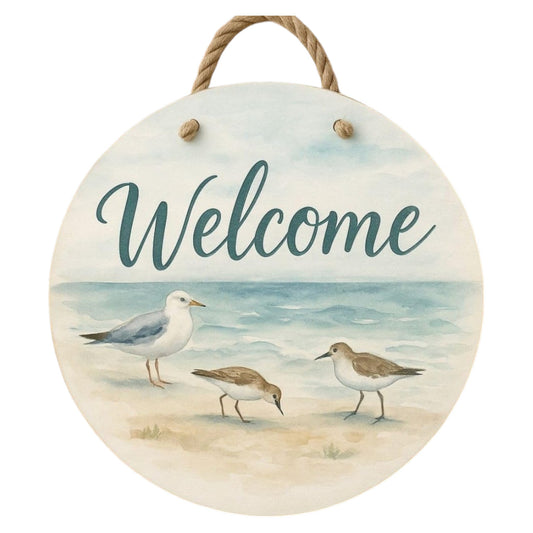 Sandpiper Beach Welcome Sign | Round Coastal Door & Porch Decor