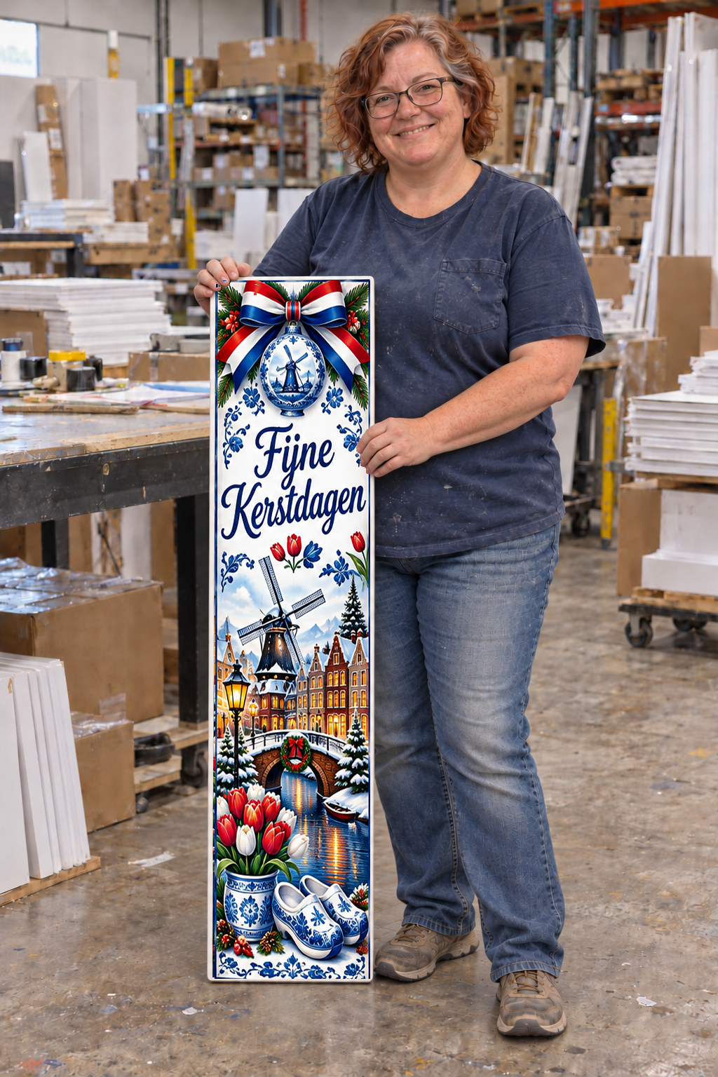 dutch porch board with original listing artwork composited unchanged into warehouse worker photograph