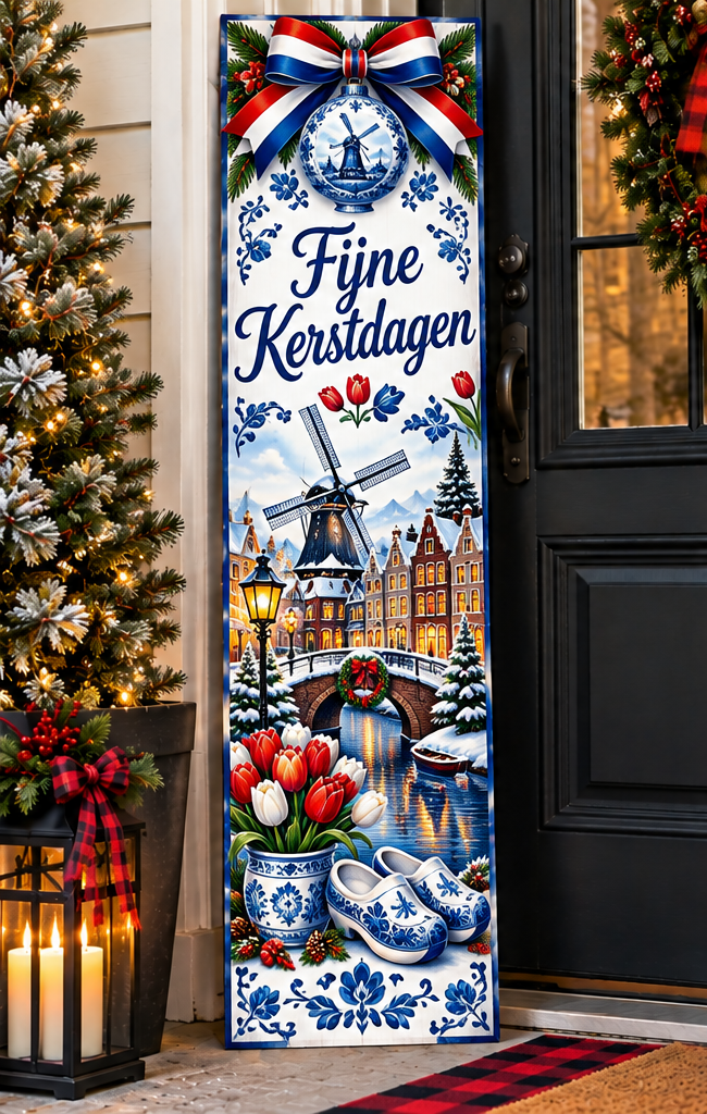 Dutch Christmas porch leaner with Delft blue ornaments and windmill by front door