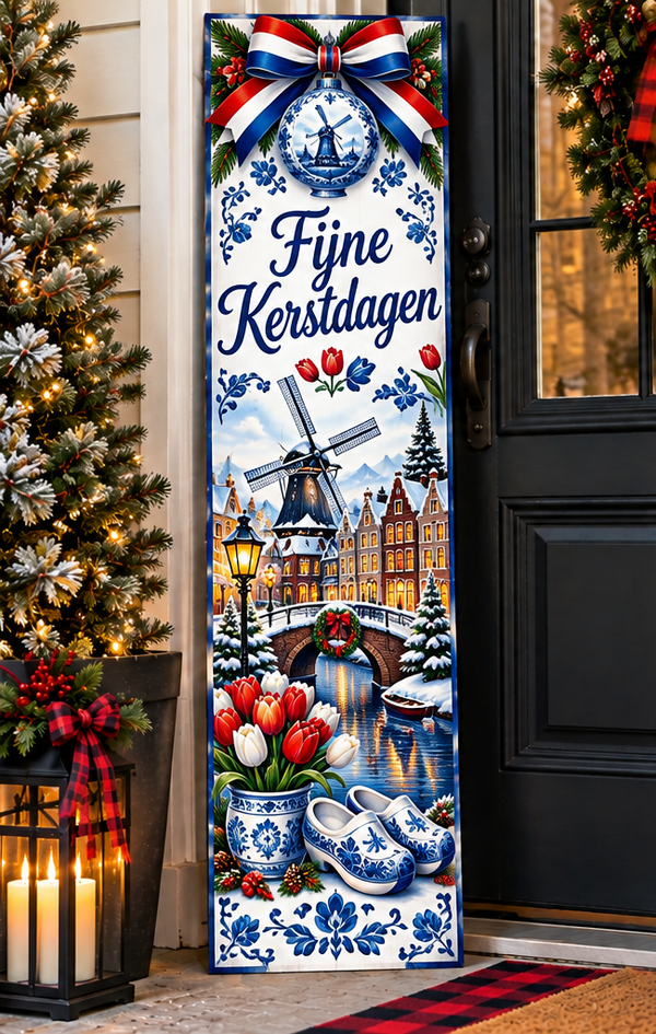 Dutch Christmas porch leaner with Delft blue ornaments and windmill by front door