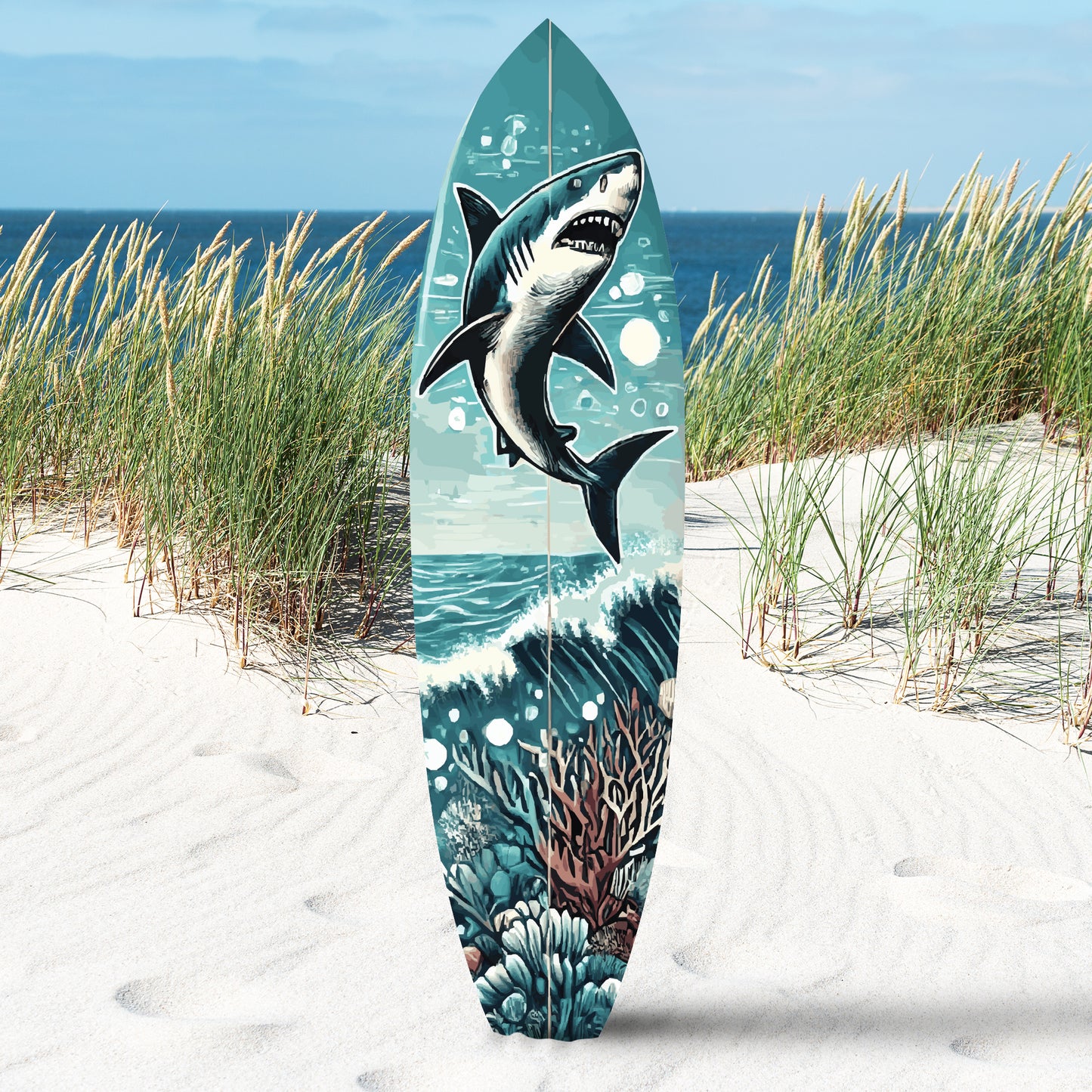 Outdoor Shark Surfboard Wall Art, Ocean Themed Decor, Weather Resistant Indoor Outdoor PVC, 5 Foot