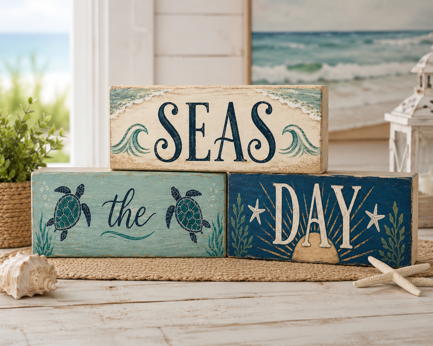 Seas the Day Coastal Wood Block Set – 3-Piece Beach Decor, Nautical Home Accent for Shelf, Desk, or Table