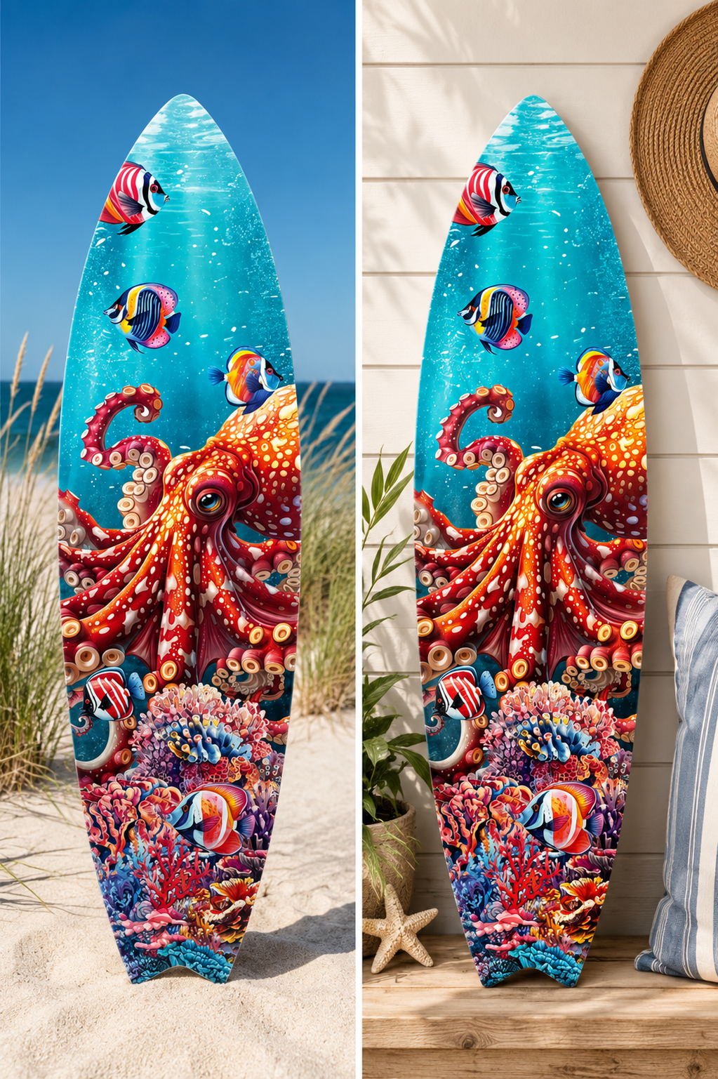 Vibrant Octopus Surfboard Wall Art Decor, Weather Resistant