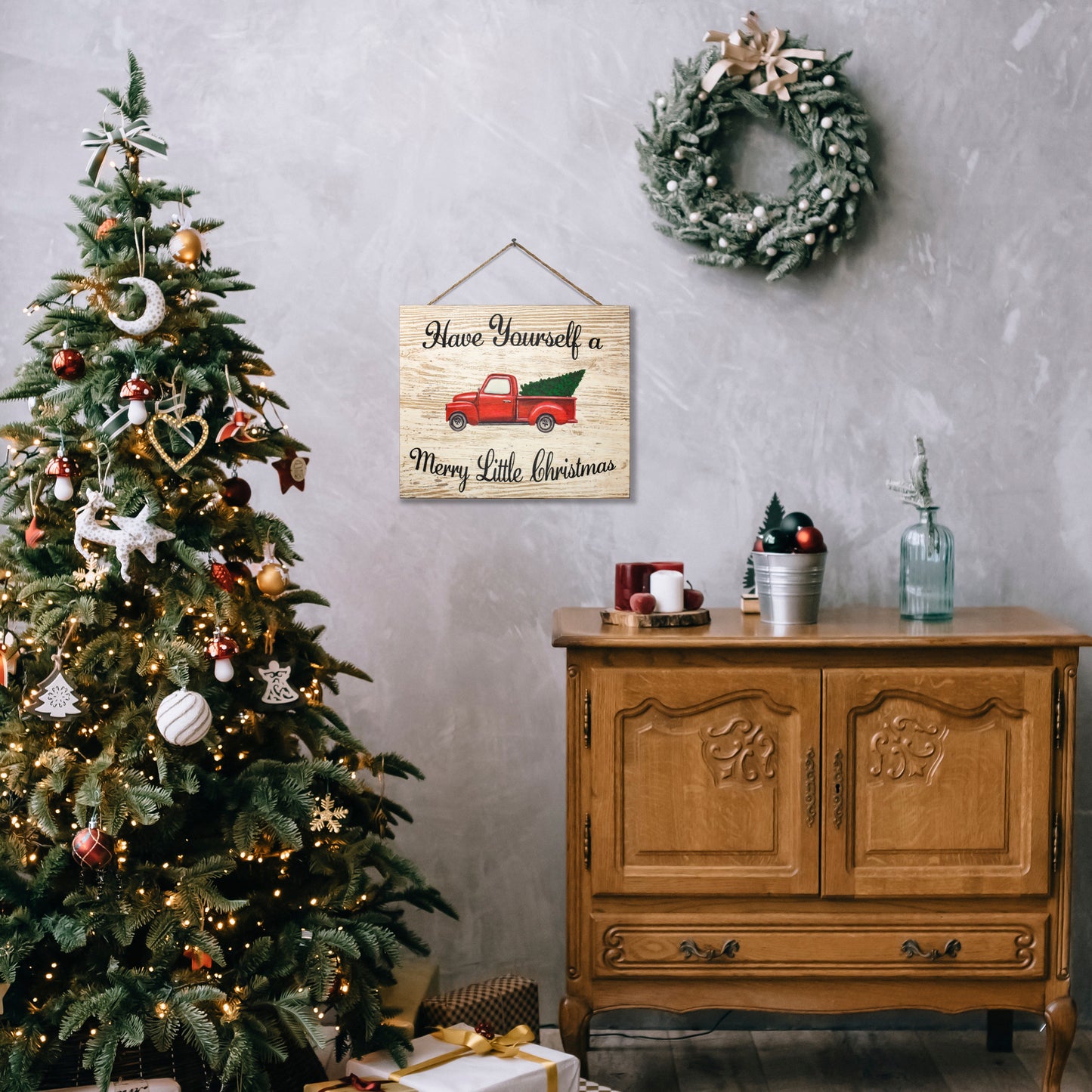 Vintage Red Truck with Christmas Tree Decor, Real Wood, 10x12 Inch, Christmas Sign, Made in USA