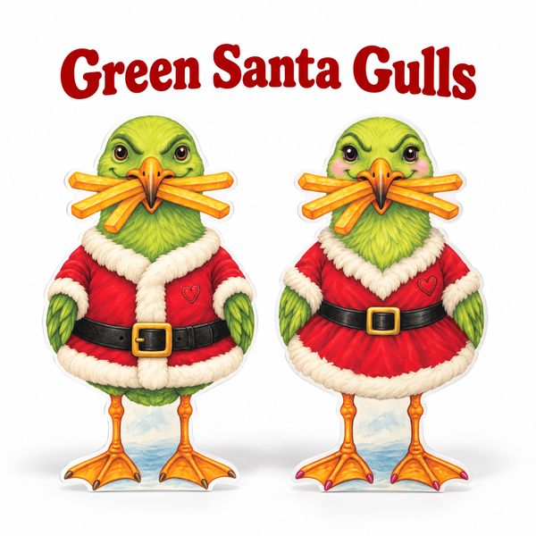 Green Santa Yard Signs, Set of 2, Coastal Beach Christmas, 12 Inch PVC Sully & Sally