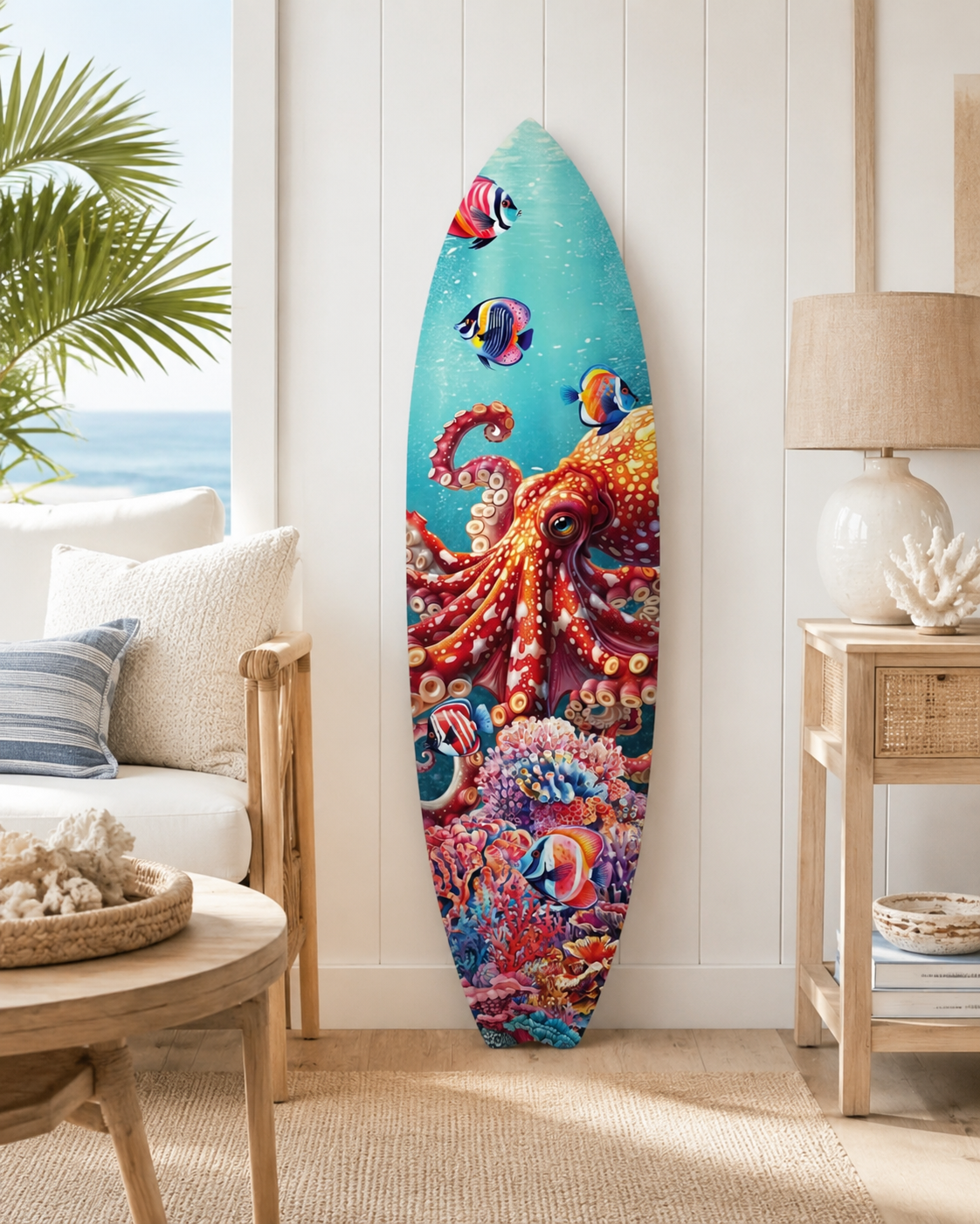 Vibrant Octopus Surfboard Wall Art Decor, Weather Resistant