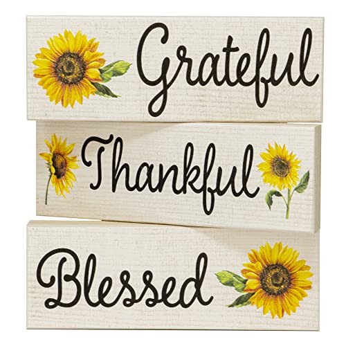Thankful Grateful Blessed Sunflower Decor Blocks - Set of 3 for Mantel, Tiered Tray, or Table Display