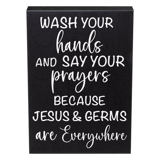 JennyGems Wash Your Hands & Say Your Prayers Sign Funny Farmhouse Bathroom Decor, Jesus and Germs Sign, Cute Farmhouse Bathroom Signs, Rustic Bathroom Wall Art Guest Bathroom Wall Decor