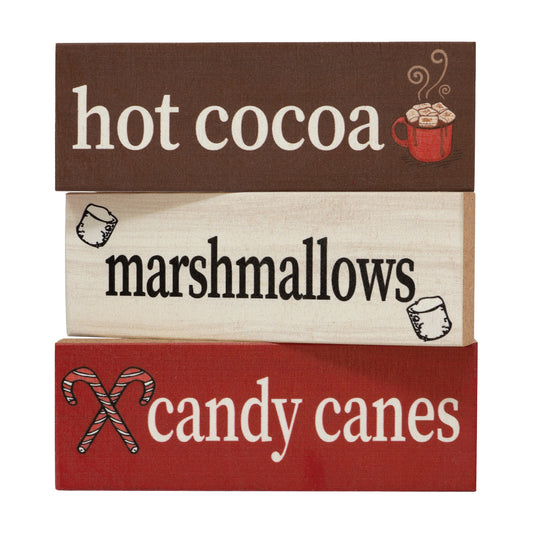 JennyGems Christmas Decor, Hot Cocoa Marshmallows Candy Canes, 3pc Mini Wooden Block Signs, Christmas Gifts, Made in USA
