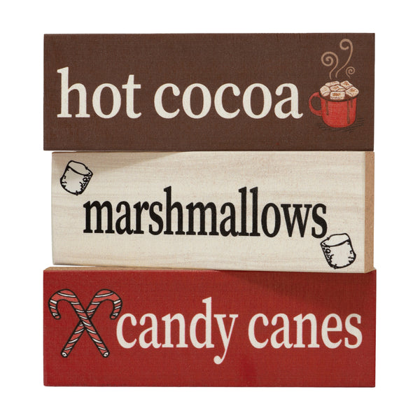 Christmas Decor, Hot Cocoa Marshmallows Candy Canes 3pc Mini Wooden Block Signs, Christmas Gifts, Made in USA