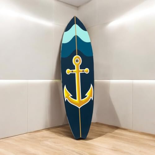 Outdoor Nautical Anchor Surfboard Wall Art, Navy Blue and Teal, Indoor Outdoor Weather Resistant PVC, 4 Foot