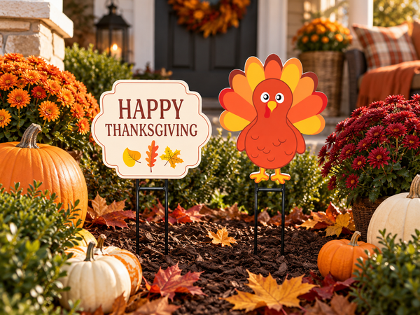 Thanksgiving Yard Signs Set of 2, Outdoor Waterproof PVC Fall Decor with Stakes, Give Thanks, Lawn Decorations