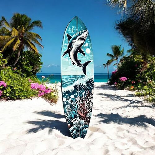 Outdoor Shark Surfboard Wall Art, Ocean Themed Decor, Weather Resistant Indoor Outdoor PVC, 5 Foot