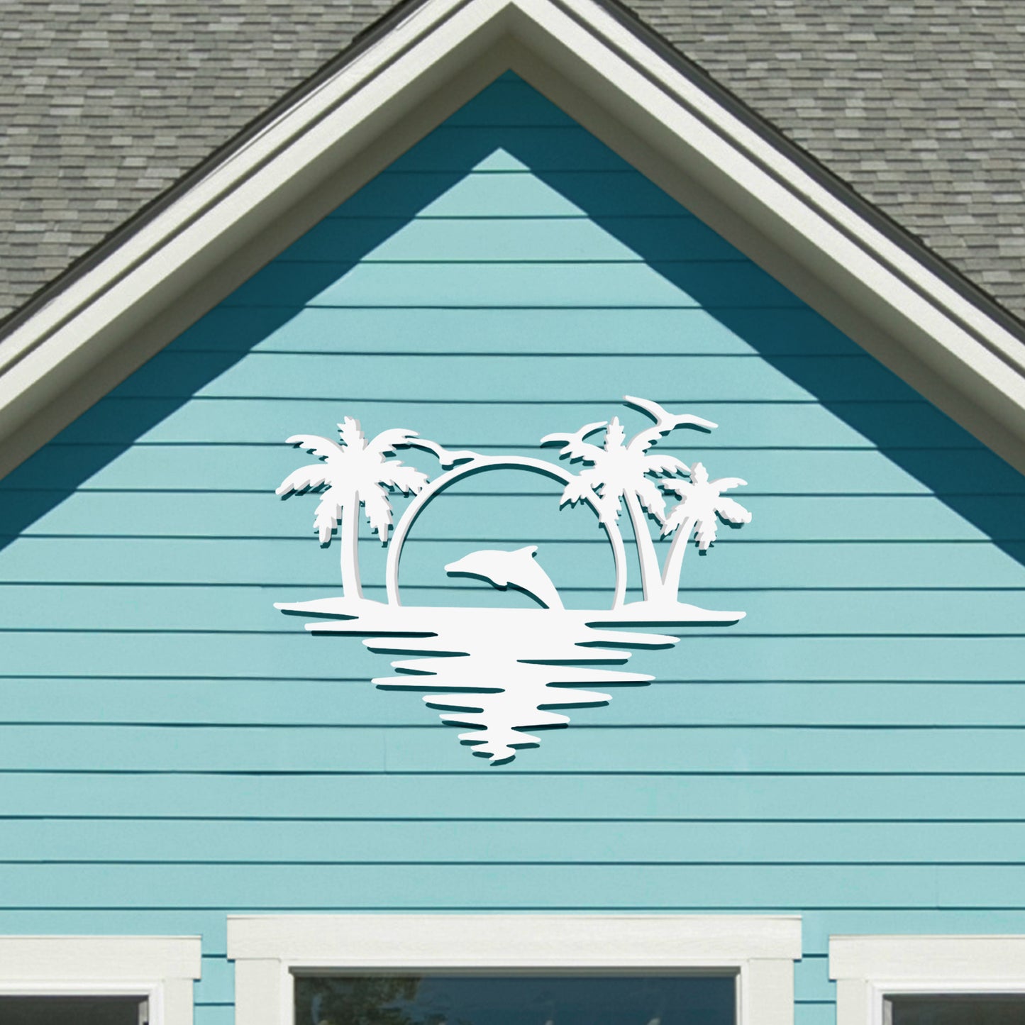 Outdoor Dolphin Wall Art, Coastal Wall Decor for Beach House, White PVC Dolphin Sign with Palm Trees Sunset, 2 Foot