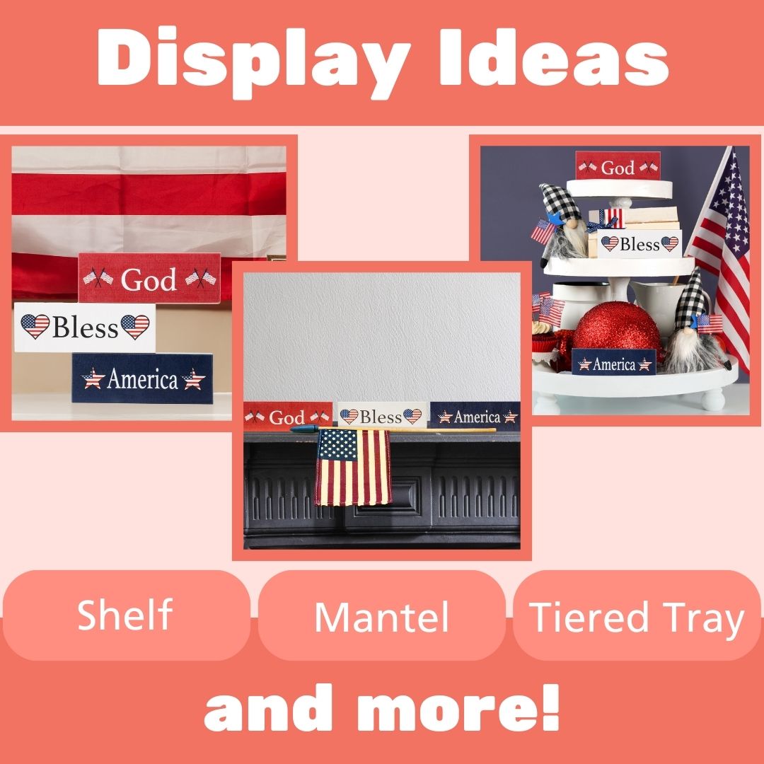 JennyGems American Pride Gifts, God Bless America Signs, Wood Blocks Set of 3, 5.5x2 in, Patriotic American Decorations, USA Tiered Tray Decor, Mantel Decor, Patriotic Home Decor, Made in USA
