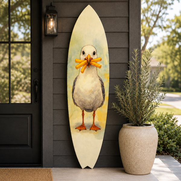 Sully the Seagull Surfboard Wall Art Eating French Fries | Funny Coastal Beach Decor