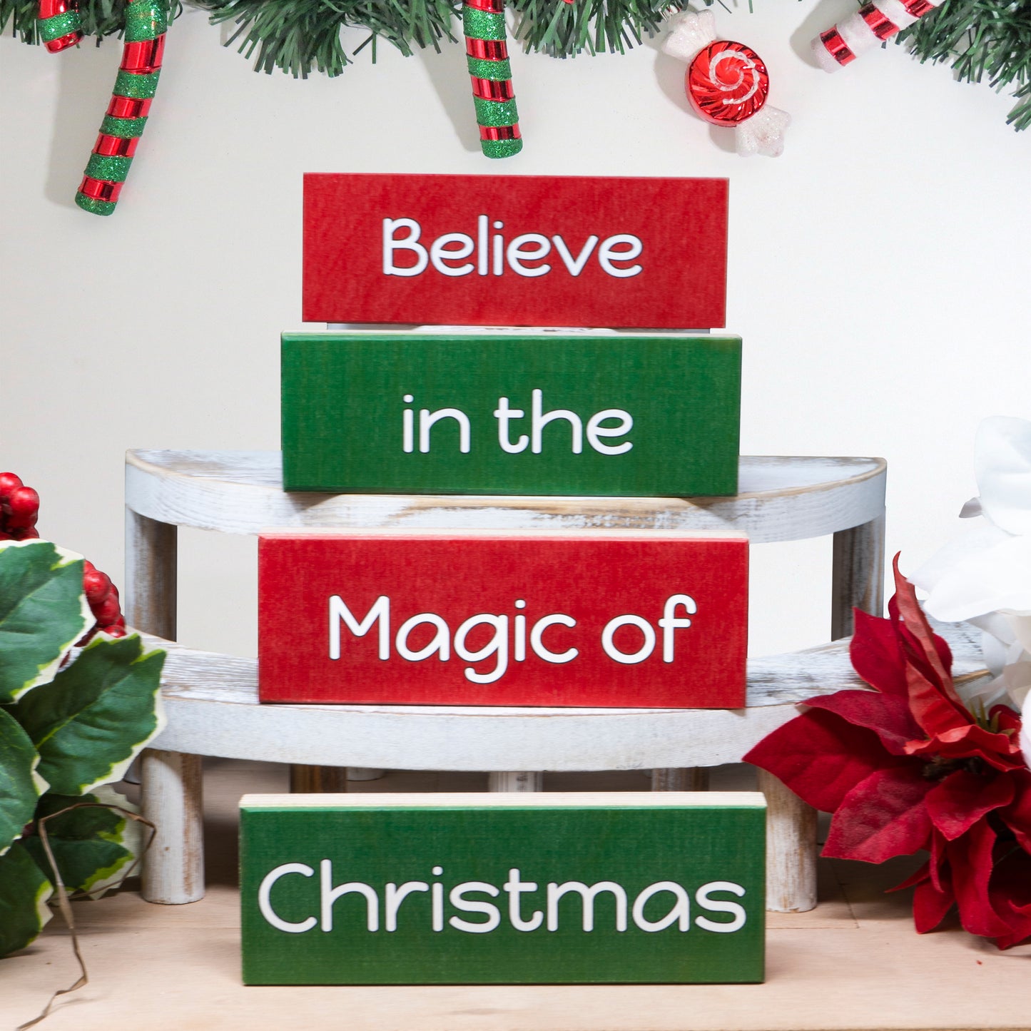 JennyGems Christmas Decorations Tiered Tray Decor, 4 Pieces Wooden Mini Christmas Blocks, Believe in the Magic of Christmas Wood Signs, Christmas Decor, Holiday Decor, Christmas Farmhouse Decorations