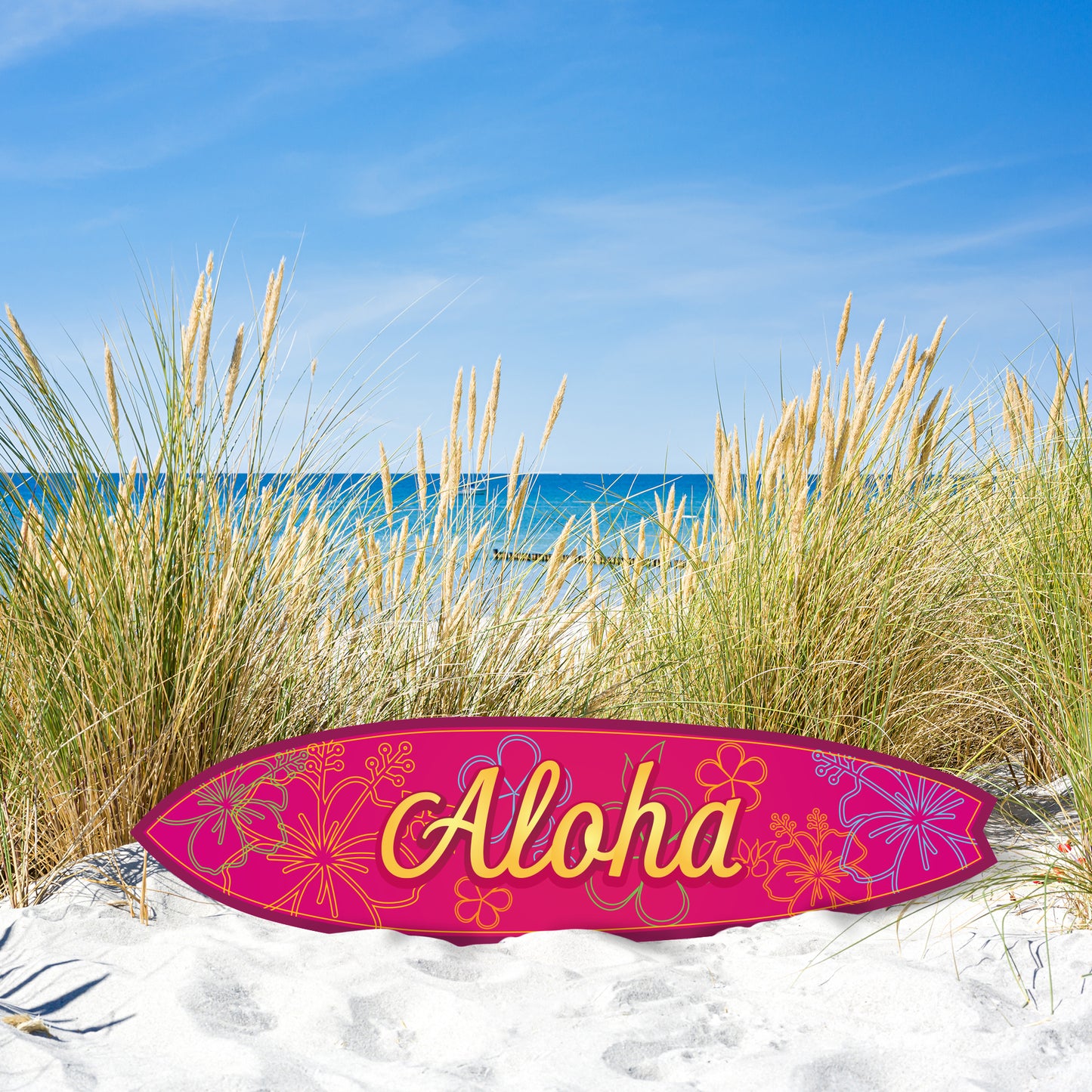 Outdoor Surfboard Wall Art Aloha, Bold Fuchsia Color, Hawaiian Decor, Weather Resistant PVC, Indoor Outdoor, 4 Foot