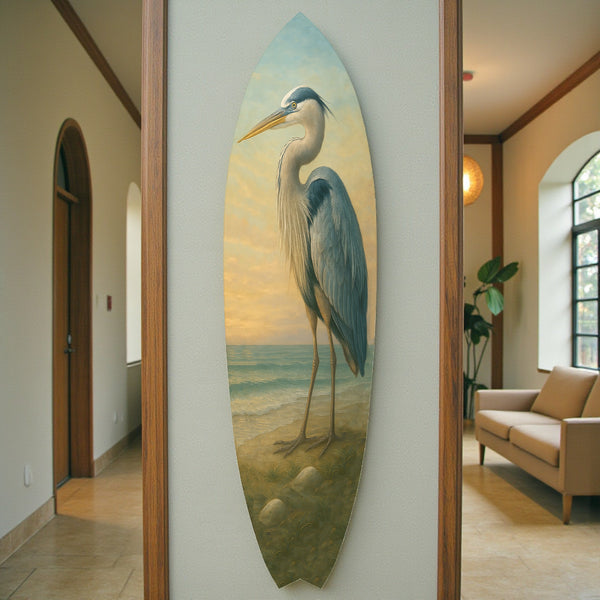 Egret Surfboard Wall Art, Coastal Bird Decor, PVC Beach House Sign, 1-5 FT