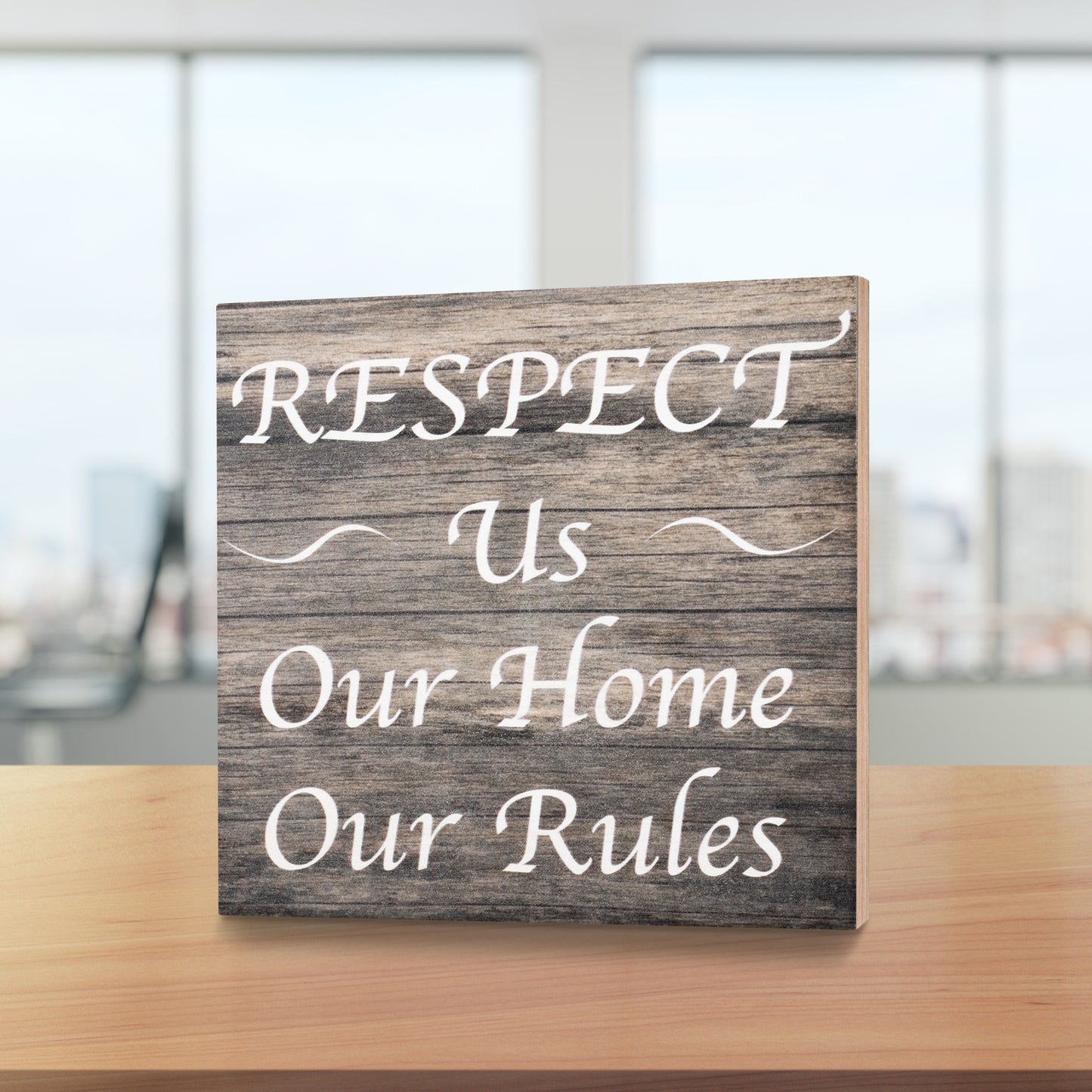 JennyGems Respect Us Our House Our Rules, 5.5x5.5 Inch Wood Shelf Sign, Wall Decor, House Rules Sign for Rental Properties, Vacation Home Signs, Visitor Signs, American Made