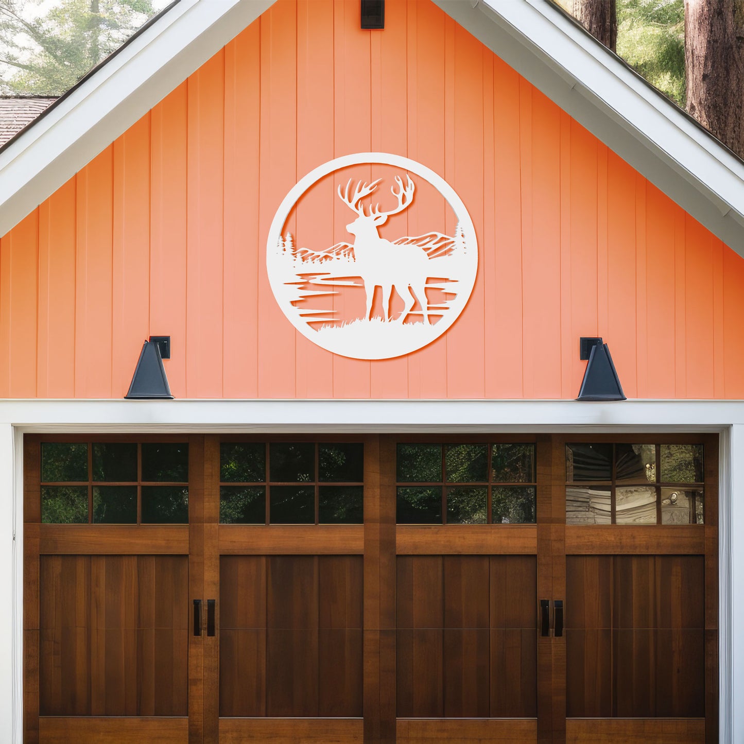 Outdoor Deer Wall Art – Deer Decor for Cabin, Lodge, or Rustic Home Exterior, PVC Wilderness Sign with Mountains and Pine Trees, 36 Inch Round