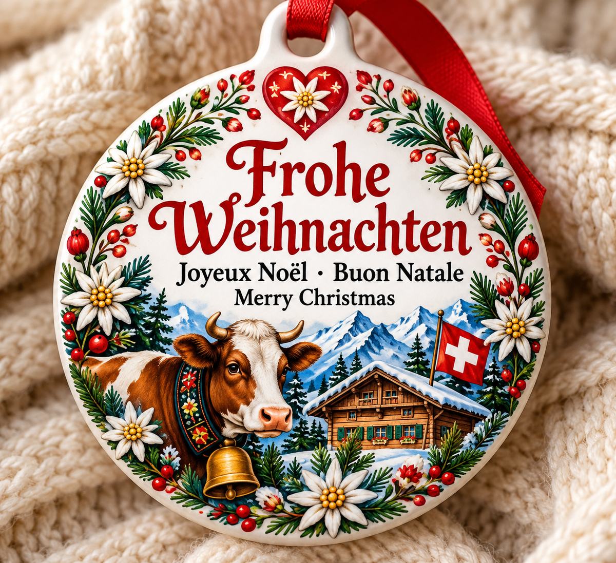 Switzerland Heritage Christmas Ornament - Frohe Weihnachten PVC Keepsake
