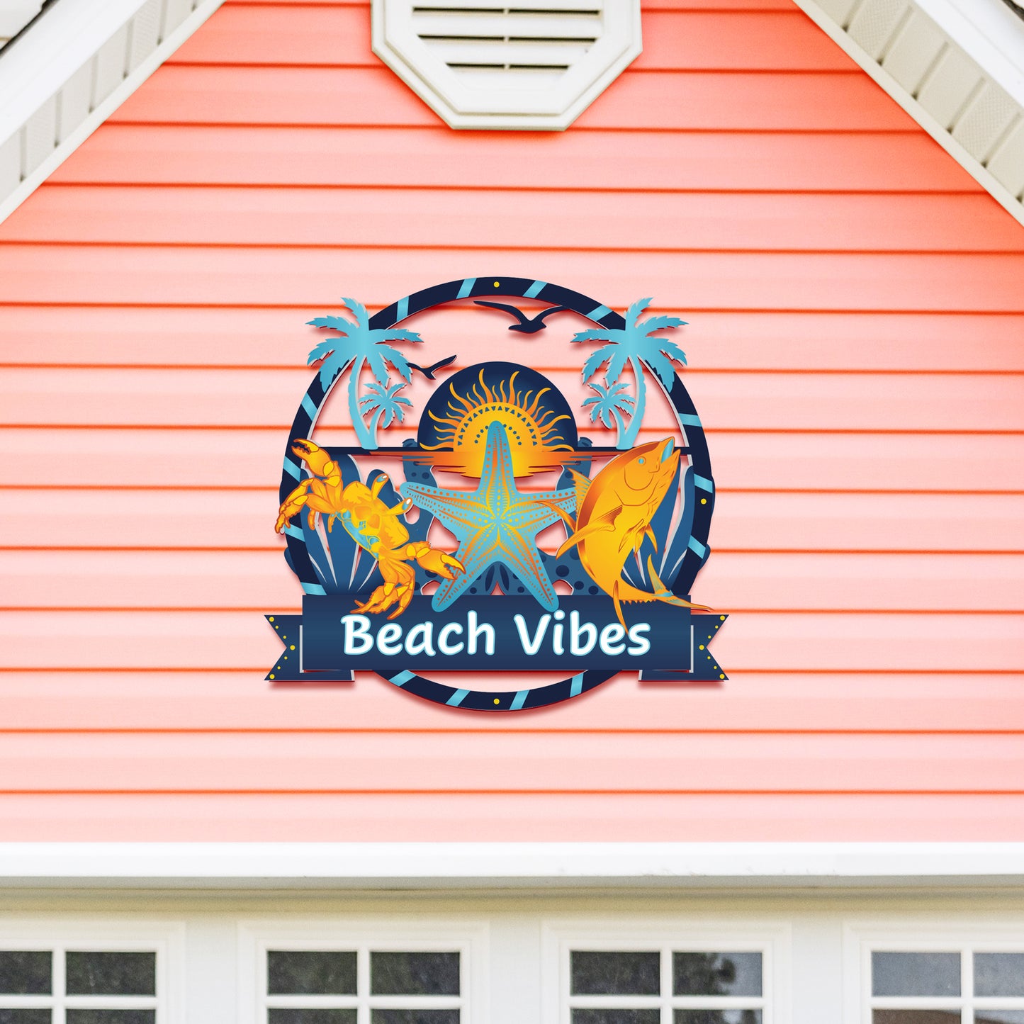 Beach Vibes Outdoor Wall Art – Round PVC Sign with Palm Trees & Ocean Animals - 3 Foot