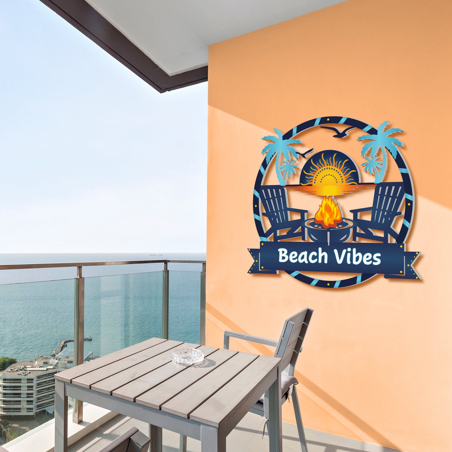 Outdoor Beach Vibes Sign, Premium PVC Beach House Decor with Fire Pit, Weatherproof Coastal Wall Art, 3 Foot