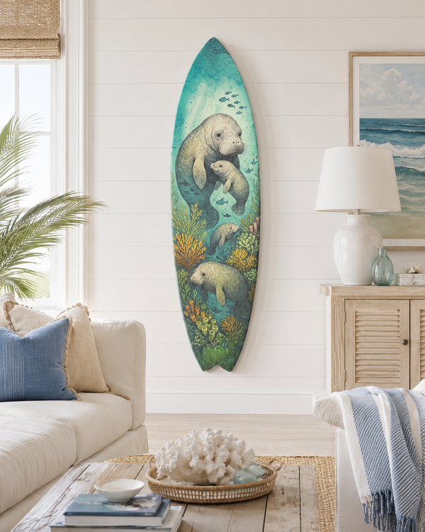 Manatee Surfboard Wall Art – Coastal PVC Beach Decor, Under the Sea Ocean Theme Sign, Weatherproof Outdoor Surfboard with Manatees & Coral