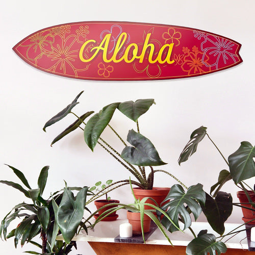 Outdoor Surfboard Wall Art Aloha, Bold Fuchsia Color, Hawaiian Decor, Weather Resistant PVC, Indoor Outdoor, 4 Foot