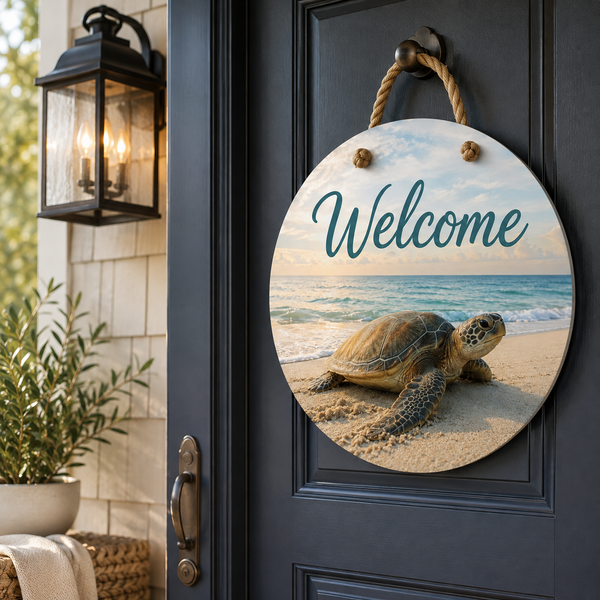 Turtle Welcome Sign: Coastal Beach House Decor with Nautical Rope, Door Hanger
