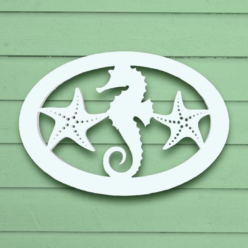 Outdoor Seahorse and Starfish Wall Art – Oval Beach House Decoration, Weatherproof PVC – Coastal Decor for Porch, Shed, Pool Area or Fence, 3 Foot