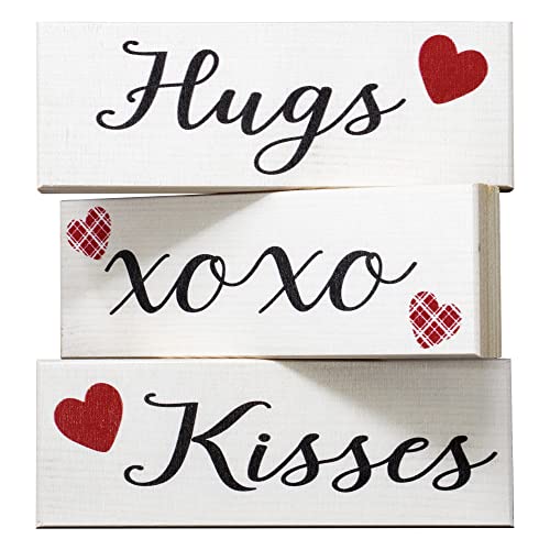 Valentines Day Decorations, Hugs Kisses Valentines Sign Decor Gift, 3 Pieces Mini Wood Block Set, Valentine's Decor, Valentine's Day Tiered Tray Table Decorations