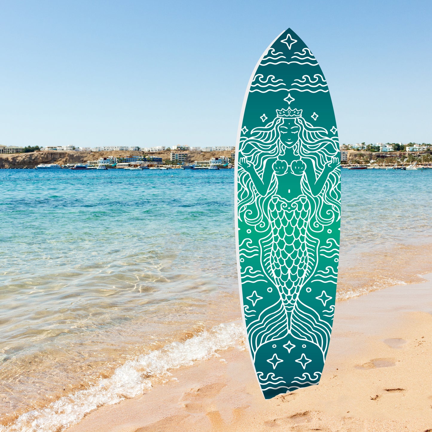Outdoor Mermaid Surfboard Wall Art – Weatherproof PVC – Coastal Mermaid Sign for Beach House or Pool Area – Nautical Ocean Accent, Green 4ft