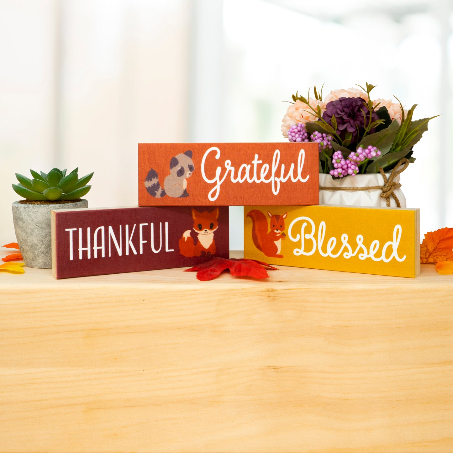 JennyGems Grateful Thankful Blessed Fall Decor, 3pc Wooden Block Sign Set, Fall Tiered Tray, Fall Decorations, Autumn Thanksgiving Decor, Made in USA