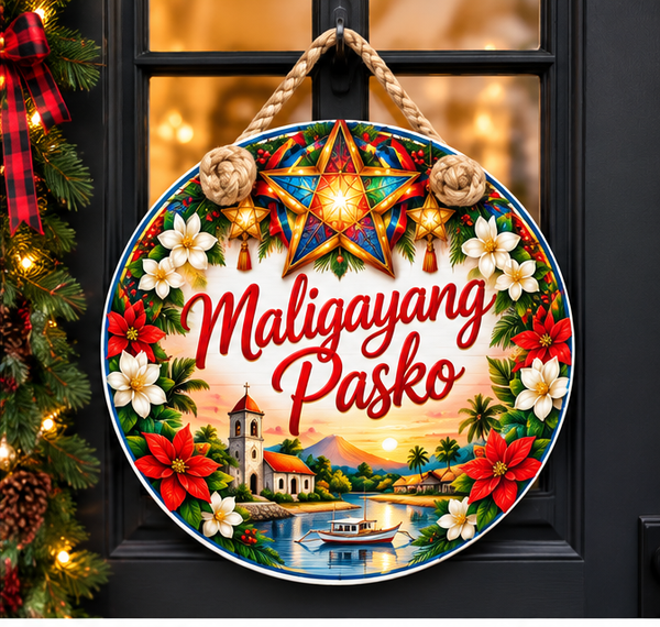 Filipino Christmas door hanger displayed on dark front door