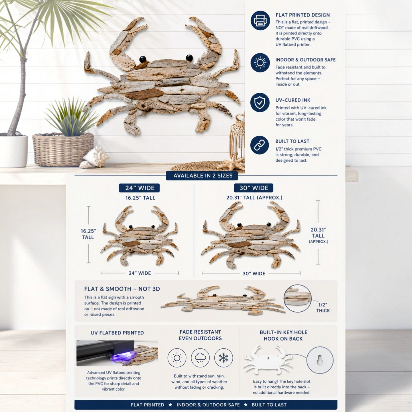 Driftwood Crab Wall Art – Coastal PVC Wall Decor for Indoor & Outdoor Use