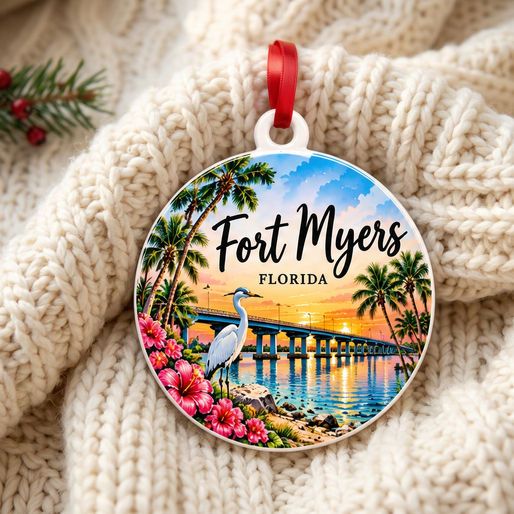 Fort Myers ornament on an ivory knit blanket with a short red ribbon