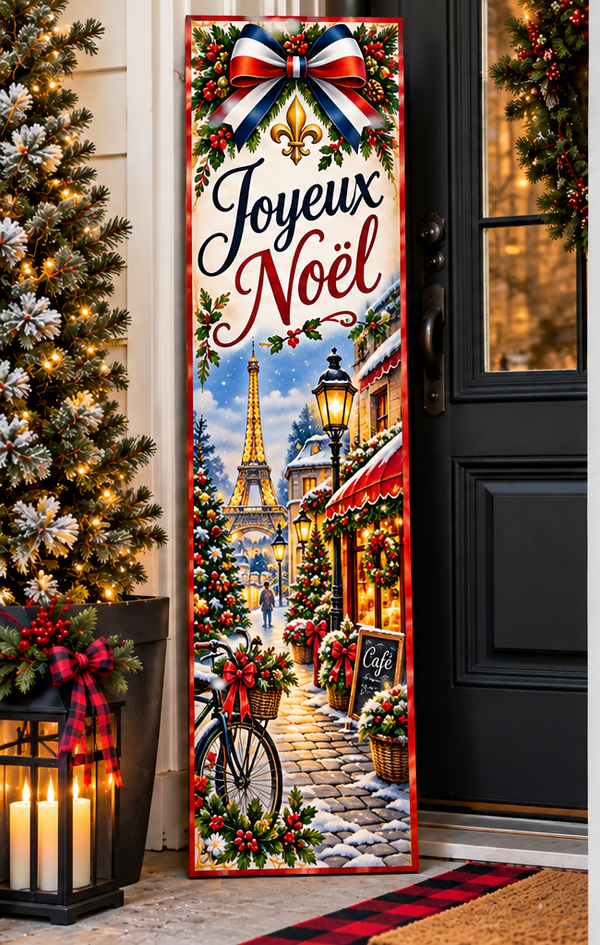 Joyeux Noël French Christmas porch board displayed by front door