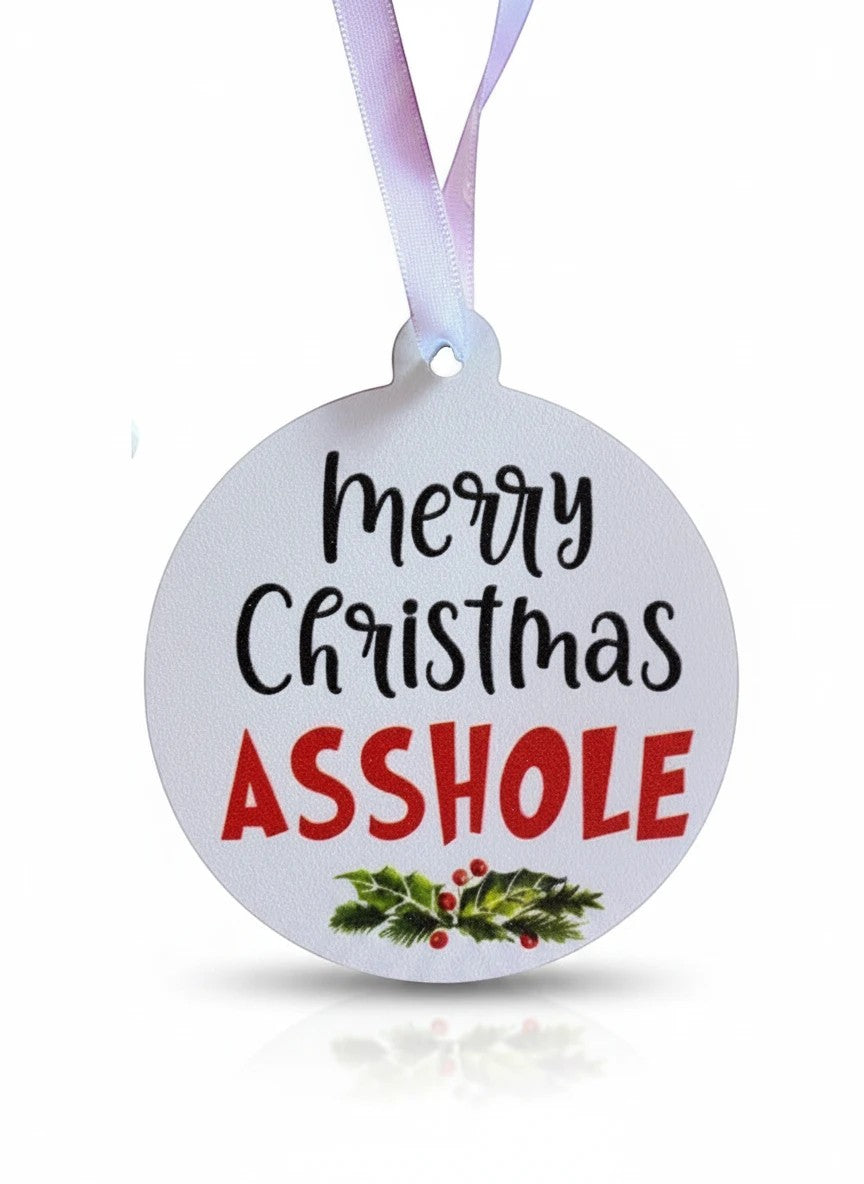 FUN HAPPY STUFF by jennygems round white Christmas ornament with funny holiday text and holly berry design