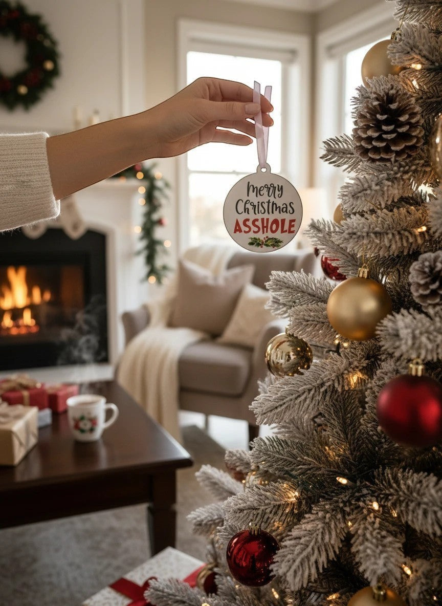 FUN HAPPY STUFF by jennygems white round Christmas ornament with cheeky text hanging on a flocked holiday tree