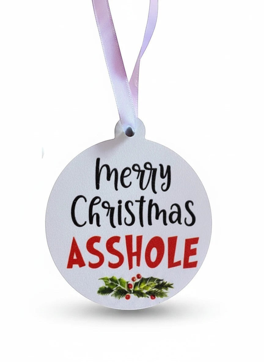FUN HAPPY STUFF by jennygems round white Christmas ornament with black and red text and holly berry design.