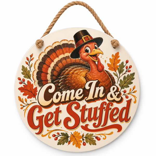 FUN HAPPY STUFF by jennygems retro turkey Thanksgiving door hanger with Come In & Get Stuffed text and nautical rope