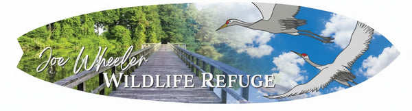 FUN HAPPY STUFF by jennygems surfboard wall sign featuring a Joe Wheeler Wildlife Refuge nature scene with cranes