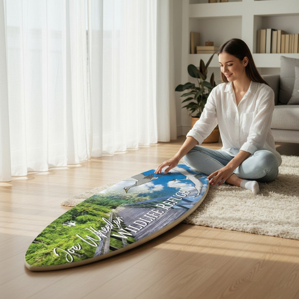 Woman sitting on a rug with a FUN HAPPY STUFF by jennygems surfboard sign featuring a Joe Wheeler Wildlife Refuge print