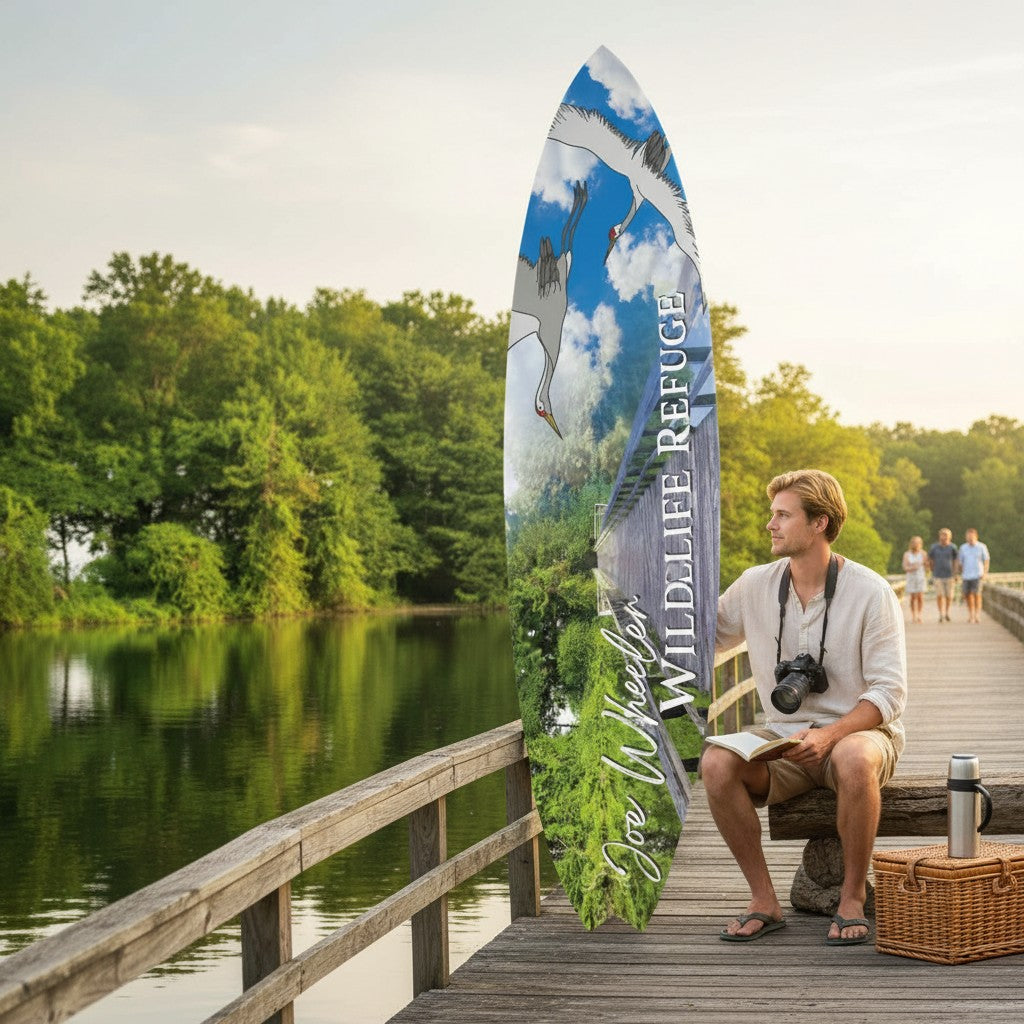 FUN HAPPY STUFF by jennygems surfboard sign featuring Joe Wheeler Wildlife Refuge art, held by a man on a pier.