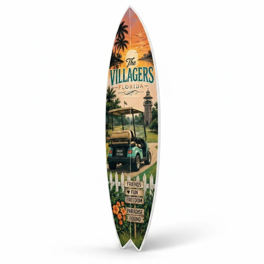 FUN HAPPY STUFF by jennygems surfboard wall art featuring a golf cart, palm trees, and The Villages Florida text.
