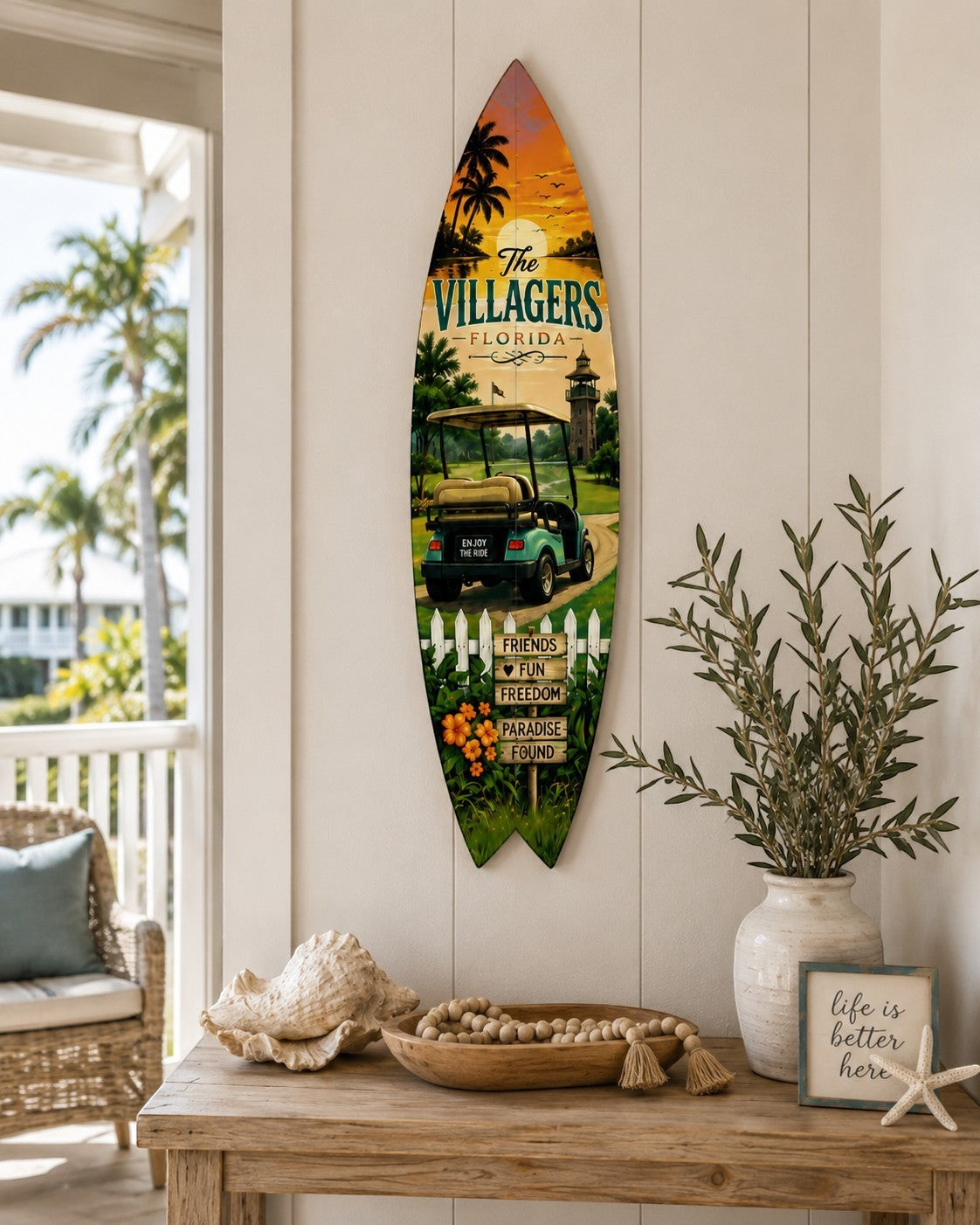 FUN HAPPY STUFF by jennygems surfboard wall art featuring a The Villages Florida golf cart scene in coastal colors.