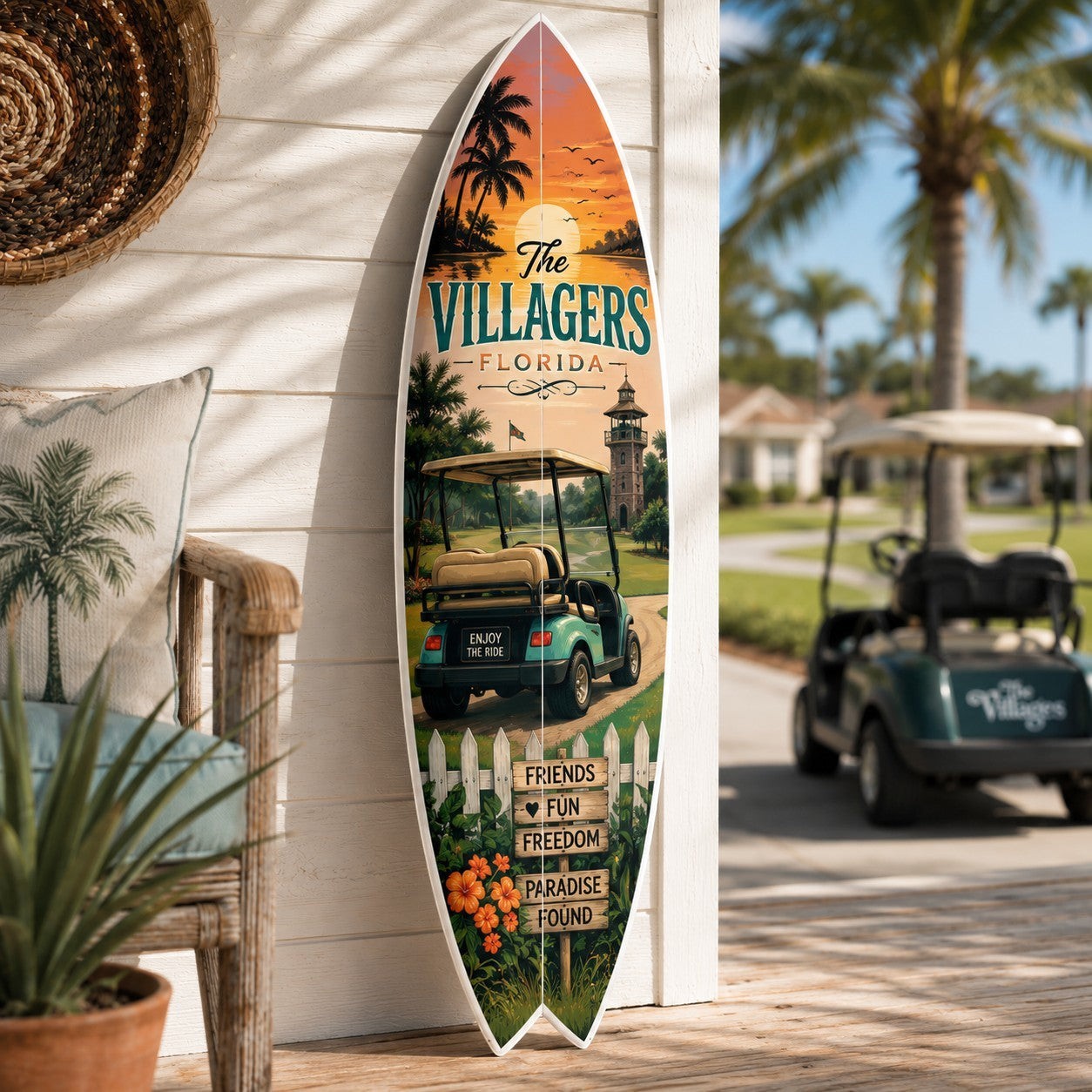 jennygems surfboard wall art featuring a golf cart, palm trees, and The Villages Florida text.